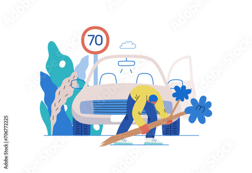 Mutual Support: Clearing an obstacle from the way -modern flat vector concept illustration of a man removing a fallen branch from the road A metaphor of voluntary, collaborative exchanges of services © grivina