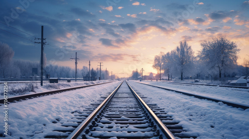 Winter railway, winter landscape with empty railway