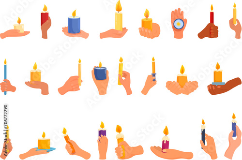 Hand holding candle icons set cartoon vector. Scented wax. Holiday human light