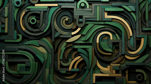 An abstract design made of green and black elements, woven color planes, symmetric compositions, colorful woodcarvings