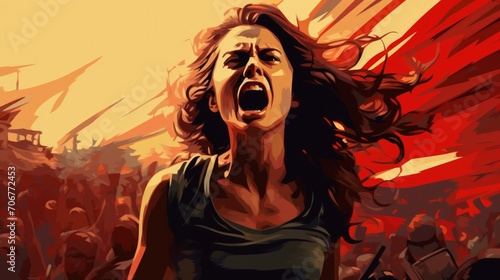 Artistic depiction of a female activist displaying anger and empowerment, intense and impactful