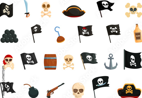 Jolly roger icons set cartoon vector. Skull pirate. Flag cap corsair
