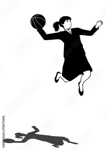 バスケットボールでダンクシュートをきめる女子高生のモノクロのイラスト 全身正面とシルエット