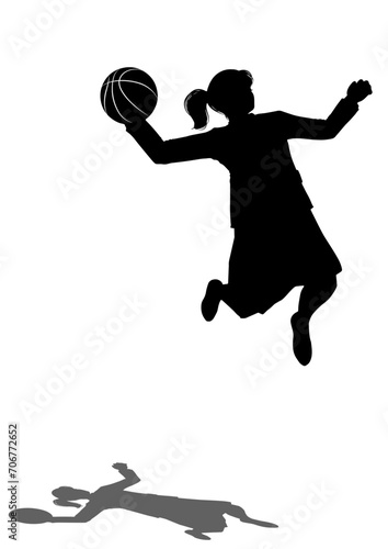 バスケットボールでダンクシュートを決める女子高生のシルエット 全身正面のイラスト