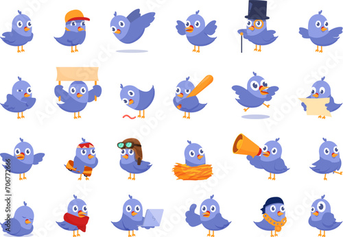 Pigeon mascot icons set cartoon vector. Angry bird. City happy dove