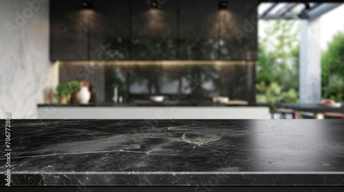  A dark marble table  ready for product display in a contemporary kitchen  with a blurred background  creating a stylish setting.Mockup