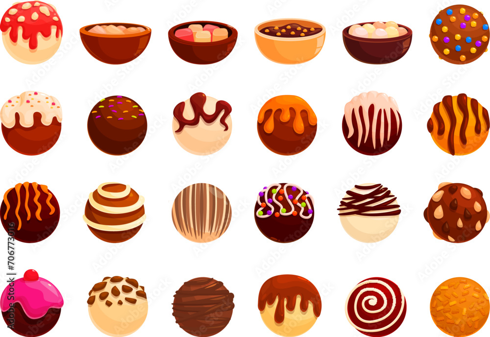 Chocolate bomb icons set cartoon vector. Food dessert. Cocoa cooking Chocolate bomb icons set cartoon vector. Food dessert. Cocoa cooking