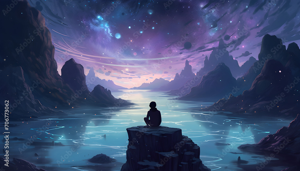 a person in meditation sitting on a rock surrounded by stars - obrazy, fototapety, plakaty 