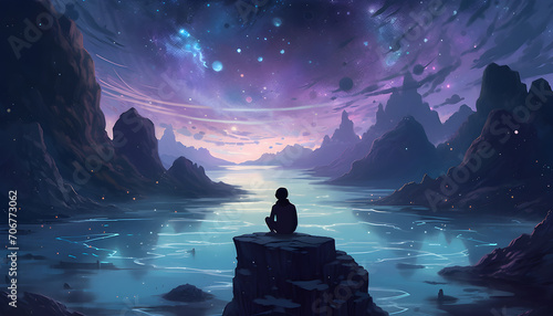 a person in meditation sitting on a rock surrounded by stars