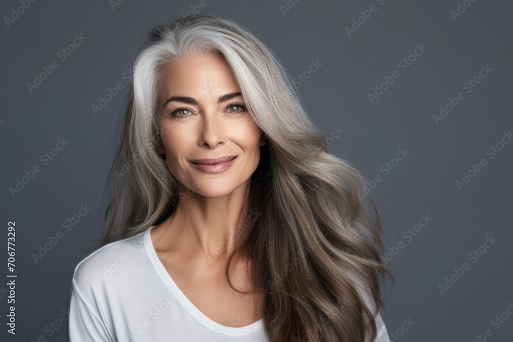 Fototapeta premium Portrait of a beautiful woman with smooth healthy face skin. Gorgeous aging mature confident woman with long gray hair and happy smiling. Beauty and cosmetics skincare advertising concept.