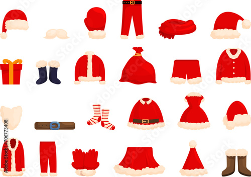 Claus dress suit icons set cartoon vector. Santa clothes. Shoes winter coat