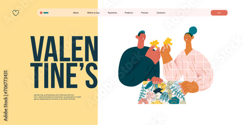 Valentine: Unexpected Match -modern flat vector concept illustration of a couple with duplicate puzzle pieces, a twist in their completion. Metaphor for life's surprising coincidences in relationships