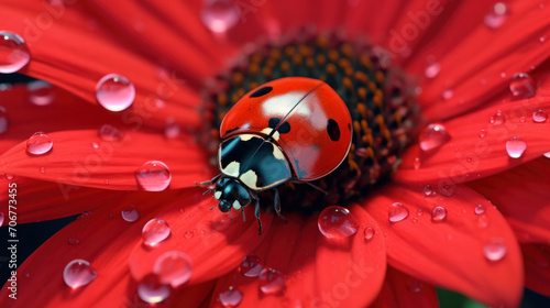 Red Ladybug on red chrysanthemum.