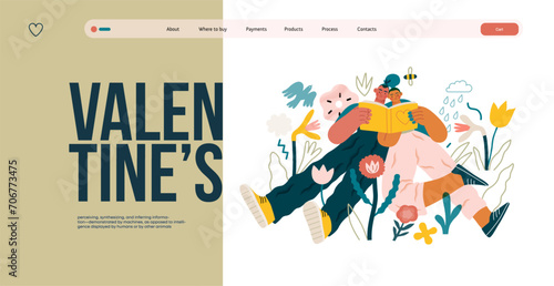 Valentine: Literary Love - modern flat vector concept illustration of a couple enjoying a book together in a serene natural setting. Metaphor for shared interests and intellectual harmony