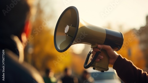 Closeup of a hand holding a megaphone, broadcasting the message justice for all.