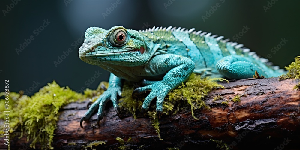 Blue Plumed Basilisk Lizard Resting on a Moss-Covered Log Blue Plumed Basilisk Lizard Resting on a Moss-Covered Log