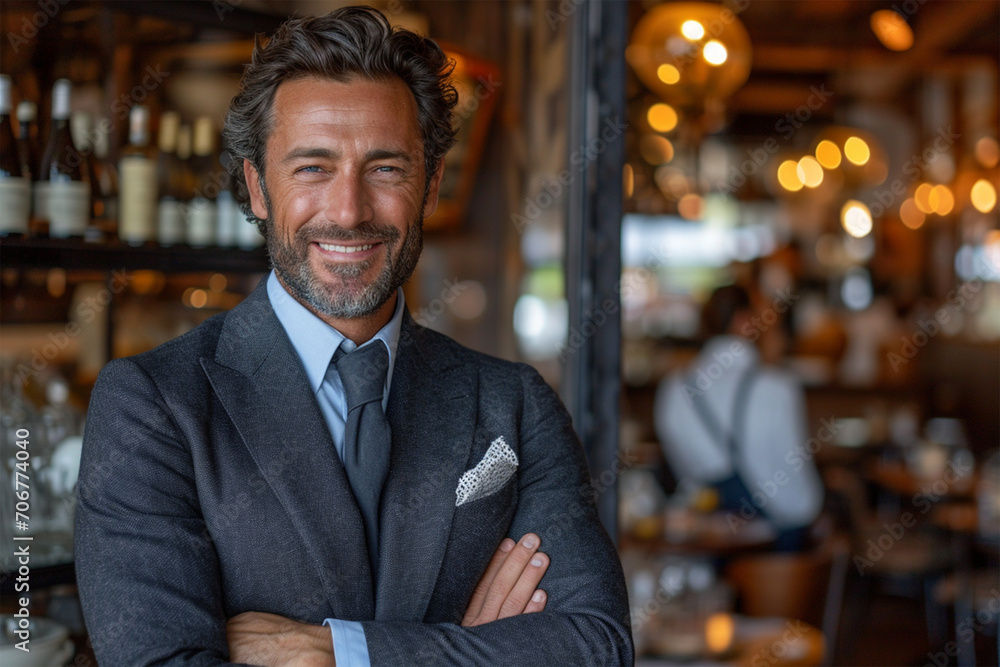 Smiling portrait of happy businessman restaurant owner standing in front of restaurant entrance with crossed arms Smiling portrait of happy businessman restaurant owner standing in front of restaurant entrance with crossed arms