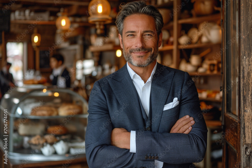 Smiling portrait of happy businessman restaurant owner standing in front of restaurant entrance with crossed arms Smiling portrait of happy businessman restaurant owner standing in front of restaurant entrance with crossed arms