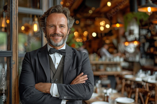 Smiling portrait of happy businessman restaurant owner standing in front of restaurant entrance with crossed arms