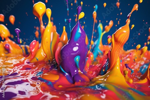 Vibrant colorful liquid splashes to form droplets in the air against a colorful background. An illustration for wallpaper. Generative AI
