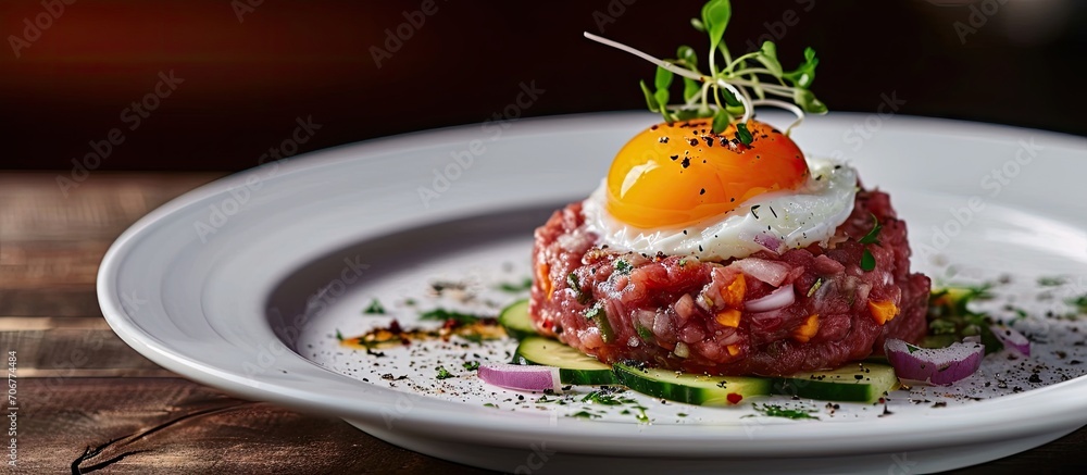Traditional beef tartar served with a raw egg on top onion and cucumber in white plate ready to be eaten. with copy space image. Place for adding text or design Traditional beef tartar served with a raw egg on top onion and cucumber in white plate ready to be eaten. with copy space image. Place for adding text or design