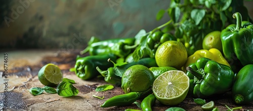 table with green peppers an...