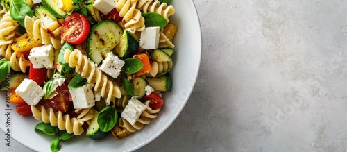pasta salad with grilled vegetables zucchini eggplant bell pepper ant tomato and feta cheese on white bowl top view. with copy space image. Place for adding text or design