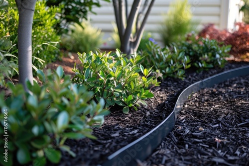 Matte black aluminum garden edging on a dark mulch bed photo