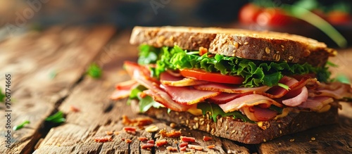 Sandwich Tasty sandwich with ham or bacon cheese tomatoes lettuce and grain bread Delicious club sandwich or school lunch breakfast or snack. with copy space image. Place for adding text or design photo