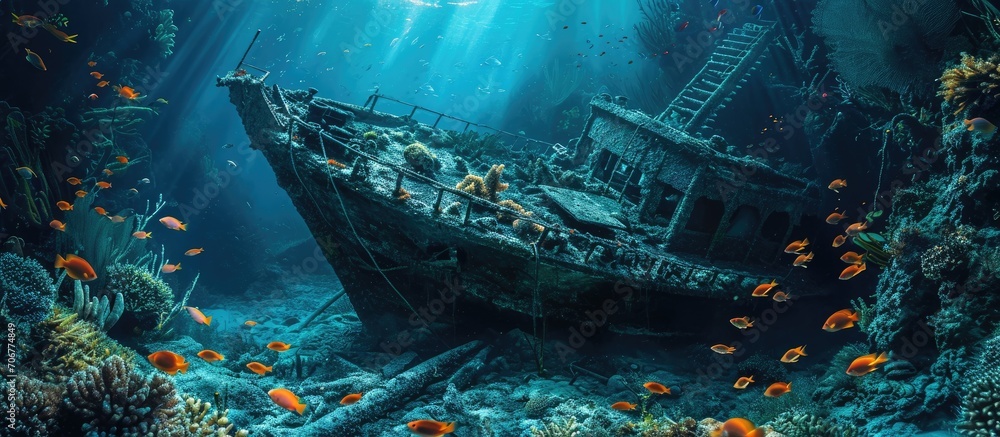 Tropical fish swim around a coral encrusted underwater shipwreck. with copy space image. Place for adding text or design