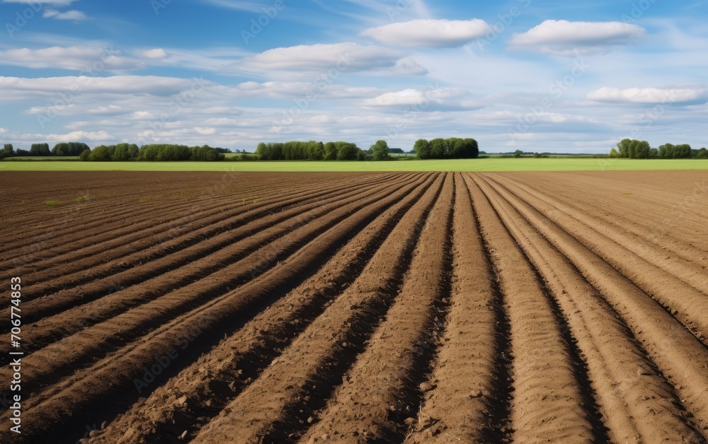 Nature background of furrows in the field. Ploughed-up field.