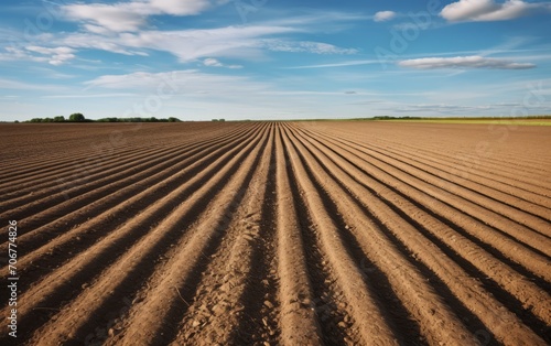Nature background of furrows in the field. Ploughed-up field. photo
