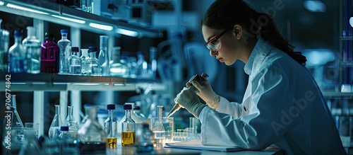Science focus and plant with woman in laboratory for medical pharmacy and research Biotechnology growth and healthcare study with scientist and test tube for sustainability vaccine and ecology photo