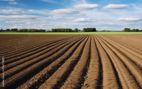 Nature background of furrows in the field. Ploughed-up field.