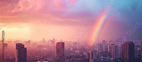 Rainbow in the city after the rain pastel color sky. with copy space image. Place for adding text or design