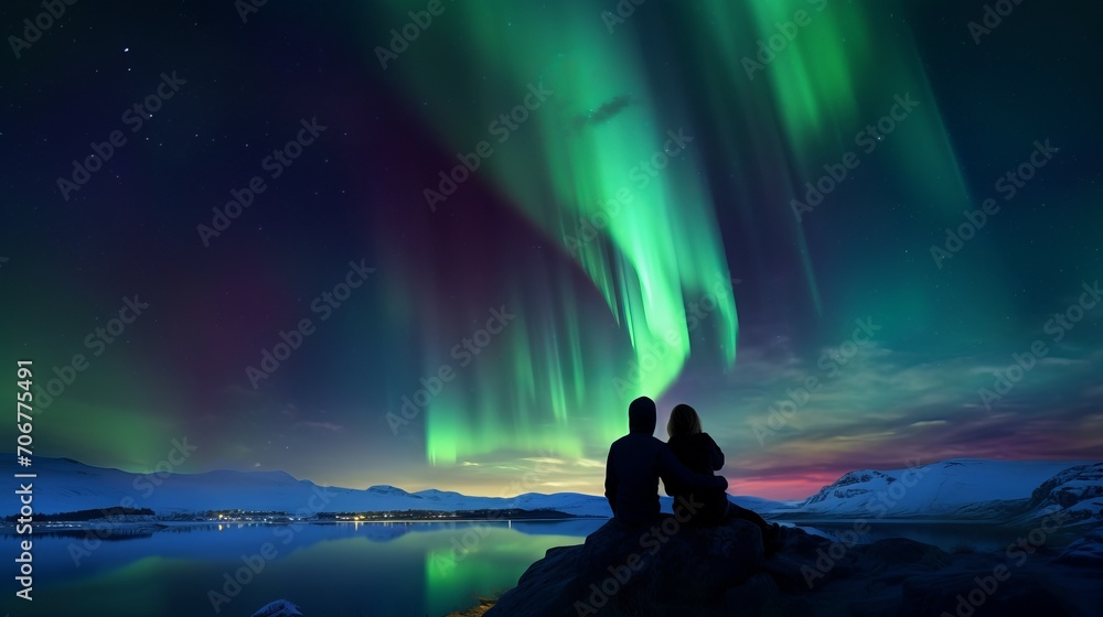 A silhouette of young adventurous couple watching the northern lights also known as aurora borealis A silhouette of young adventurous couple watching the northern lights also known as aurora borealis
