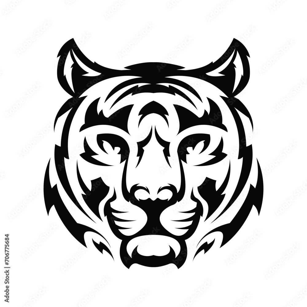 tiger head black and white, line art illustration