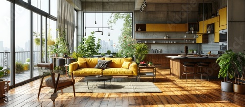 Open space living room with kitchen and big balcony window mustard comfortable sofa with pillow and kitchen furniture Wooden floor in modern apartment Architecture of indoors. with copy space image