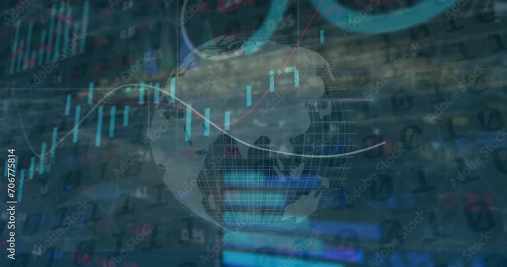 Animation of financial data processing over globe and cityscape Animation of financial data processing over globe and cityscape