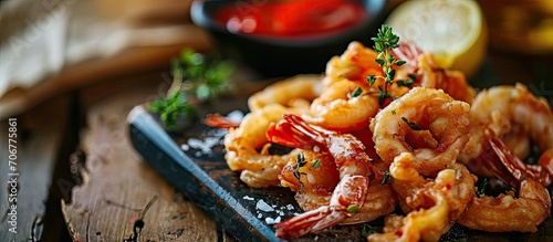 seafood delicacy known as fried calamari rings and shrimp. with copy space image. Place for adding text or design