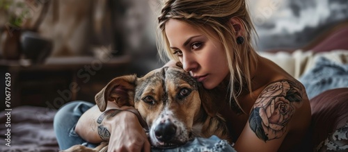 Tattoed blonde girl holds and kissing her doggy in room with loft interior. with copy space image. Place for adding text or design © vxnaghiyev