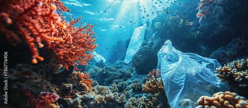 Plastic pollution a discarded plastic rubbish bags floats on a tropical coral reef presenting a hazard to marine life. with copy space image. Place for adding text or design photo