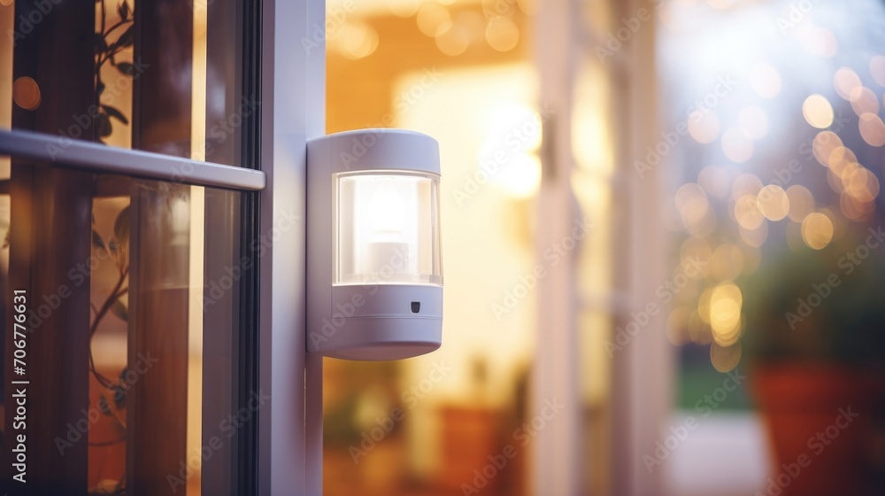 Closeup of a motion sensor attached to a doorway, allowing for automatic lighting control. - obrazy, fototapety, plakaty 