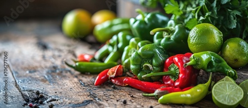 table with green peppers an...