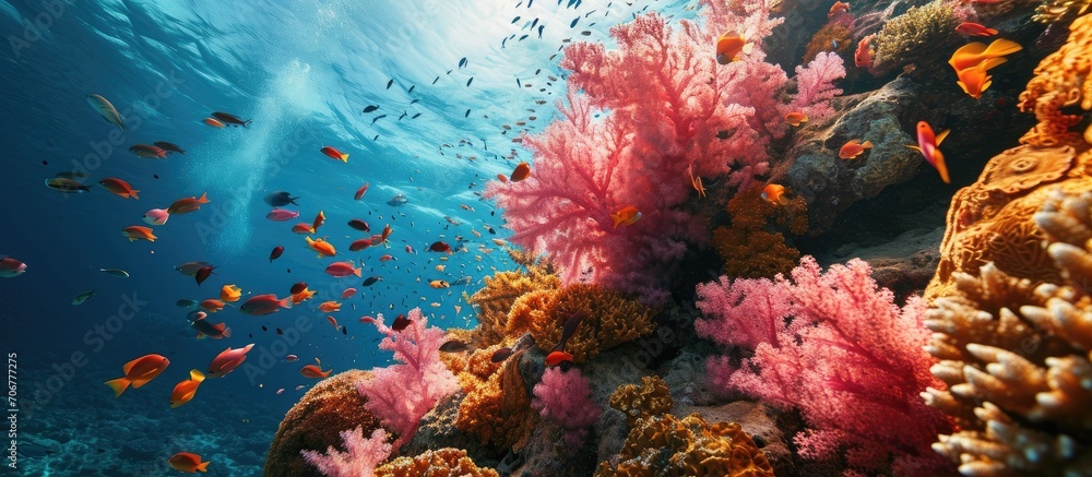 Pink and orange corals and school of swimming tropical fish Snorkeling on the colorful coral reef underwater photography Vivid healthy marine wildlife Ocean ecosystem. with copy space image - obrazy, fototapety, plakaty 