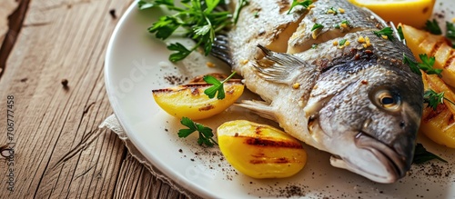 Sea bream fish with potato on white plate close up. with copy space image. Place for adding text or design