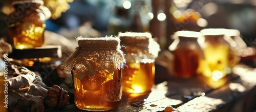 Small jars with honey and nuts Trade in natural farm products in the market Close up. with copy space image. Place for adding text or design