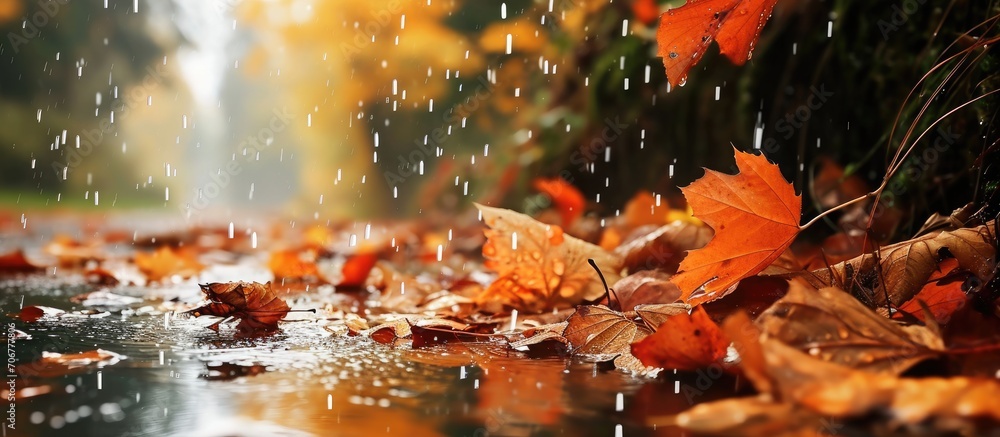 The Autumn leaves and rain water drops background. with copy space image. Place for adding text or design The Autumn leaves and rain water drops background. with copy space image. Place for adding text or design