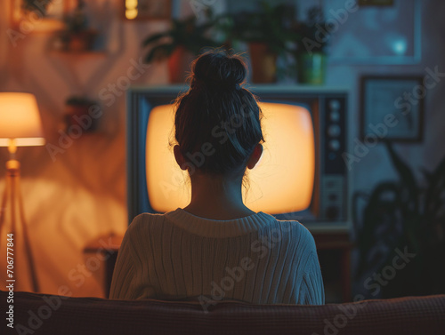 Woman watching a classic film on a vintage TV