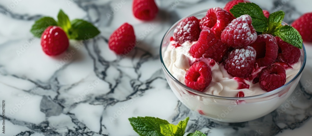 Raspberry ice cream dessert on marble backdrop. with copy space image. Place for adding text or design Raspberry ice cream dessert on marble backdrop. with copy space image. Place for adding text or design